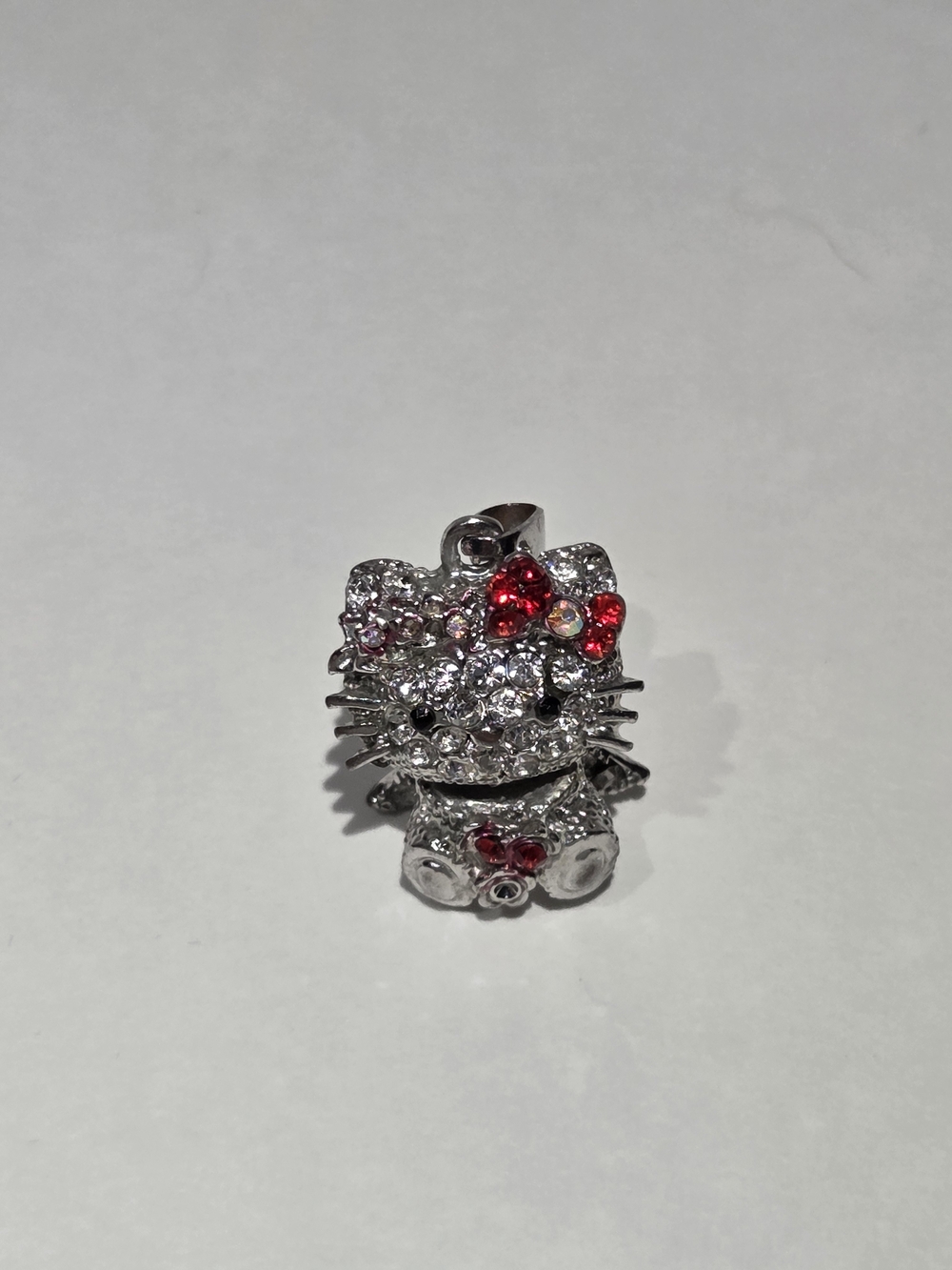 Crystal Hello Kitty Pendant Necklace Charm in Silver with Red Accents